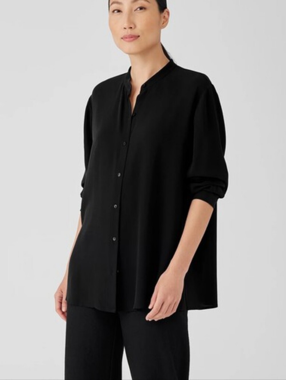 Eileen Fisher Silk Georgette Crepe Mandarin Collar Shirt Medium Black